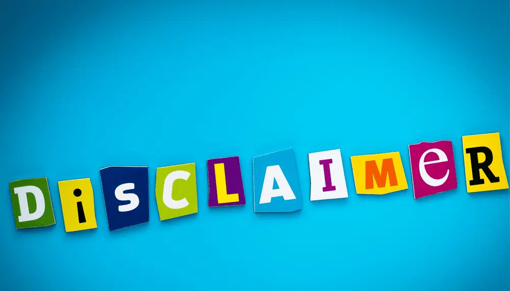 Colourful disclaimer text on a bright blue background