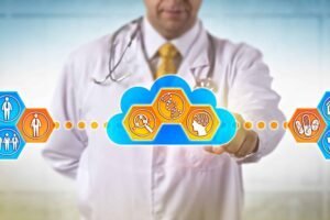 Doctor interacting with healthcare technology cloud interface