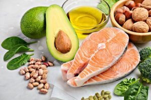Healthy fats source: salmon, avocado, nuts, seeds, and olive oil