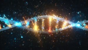 Glowing DNA strand in futuristic space setting, representing genetic engineering