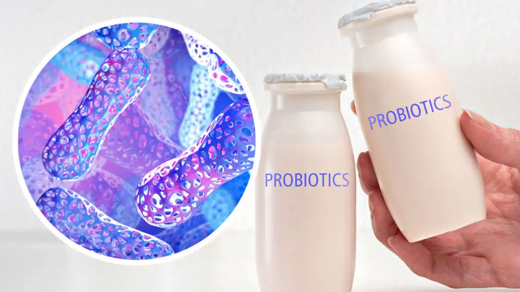 Probiotic yogurt bottles with illustration of bacteria