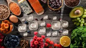 Assorted foods rich in minerals with periodic table elements