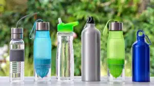 Diverse collection of reusable water bottles with various designs and colours