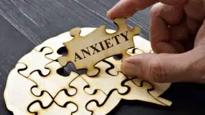 Puzzle piece labeled 'Anxiety' on wooden brain shape