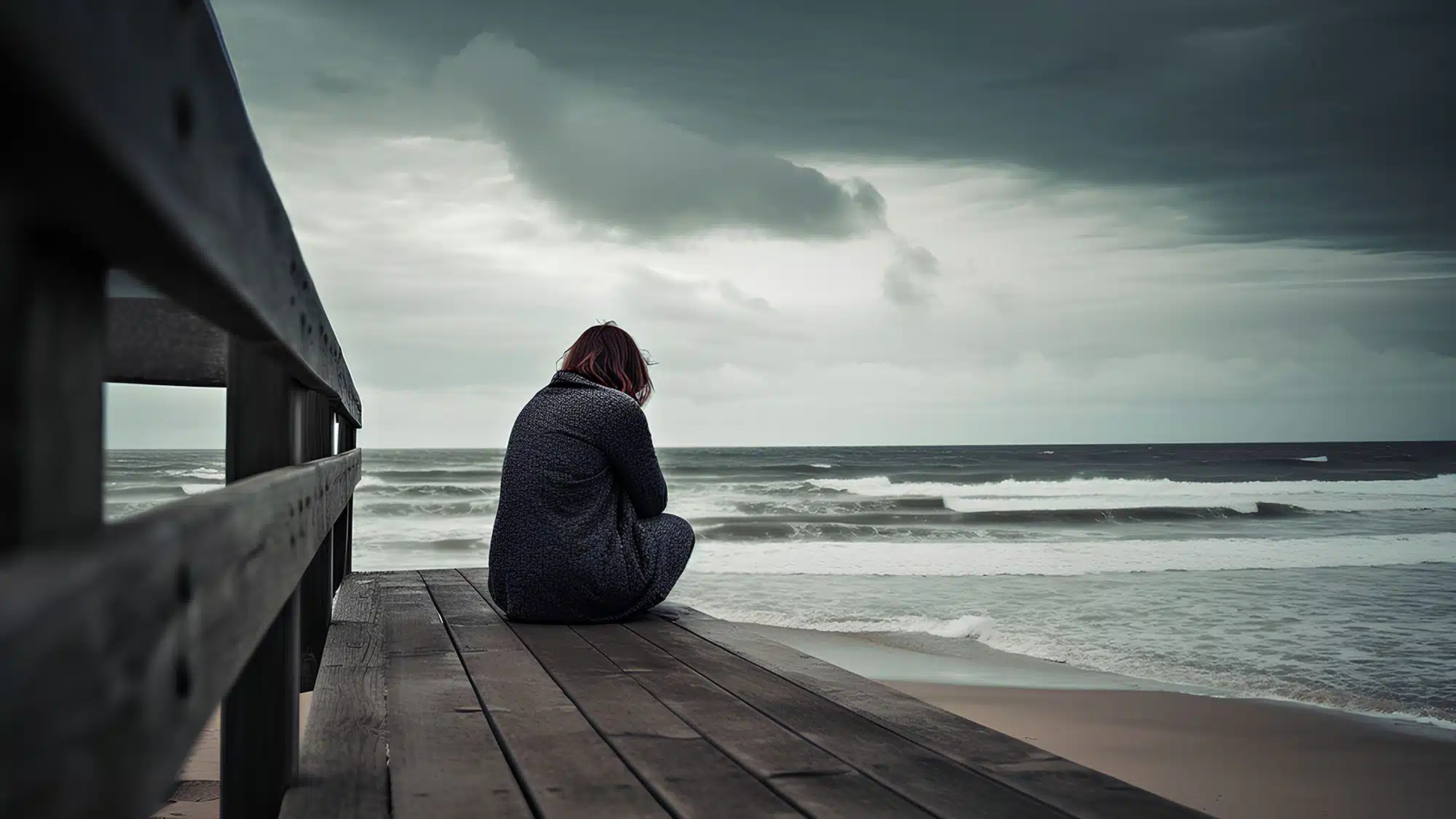Person sitting on boardwalk overlooking stormy ocean waves