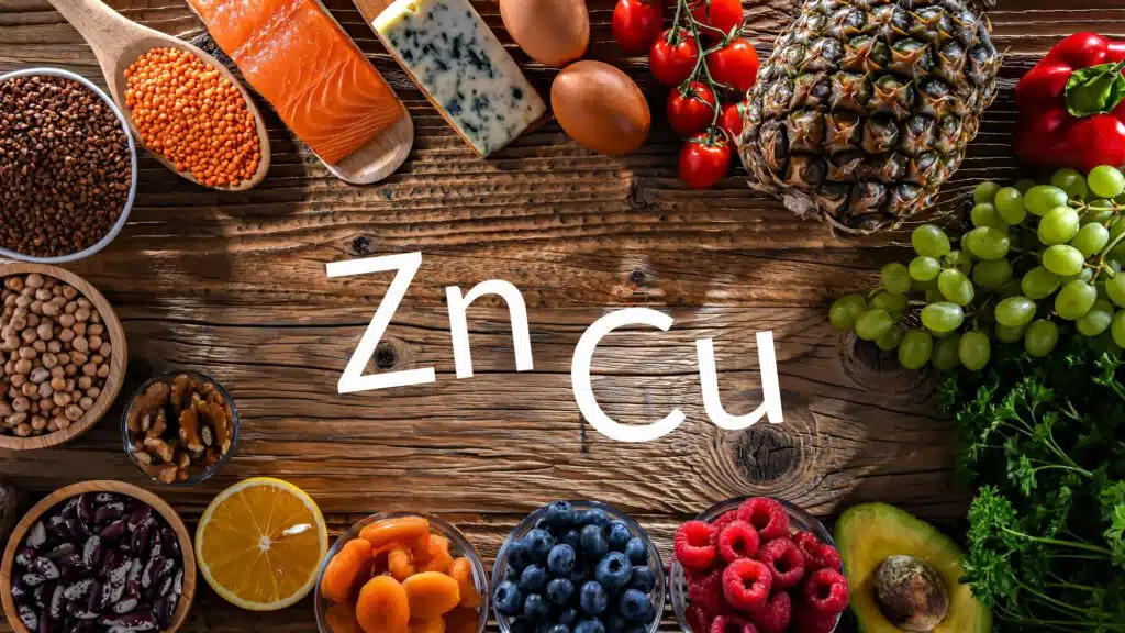 Nutrient-rich foods high in zinc and copper on wooden table