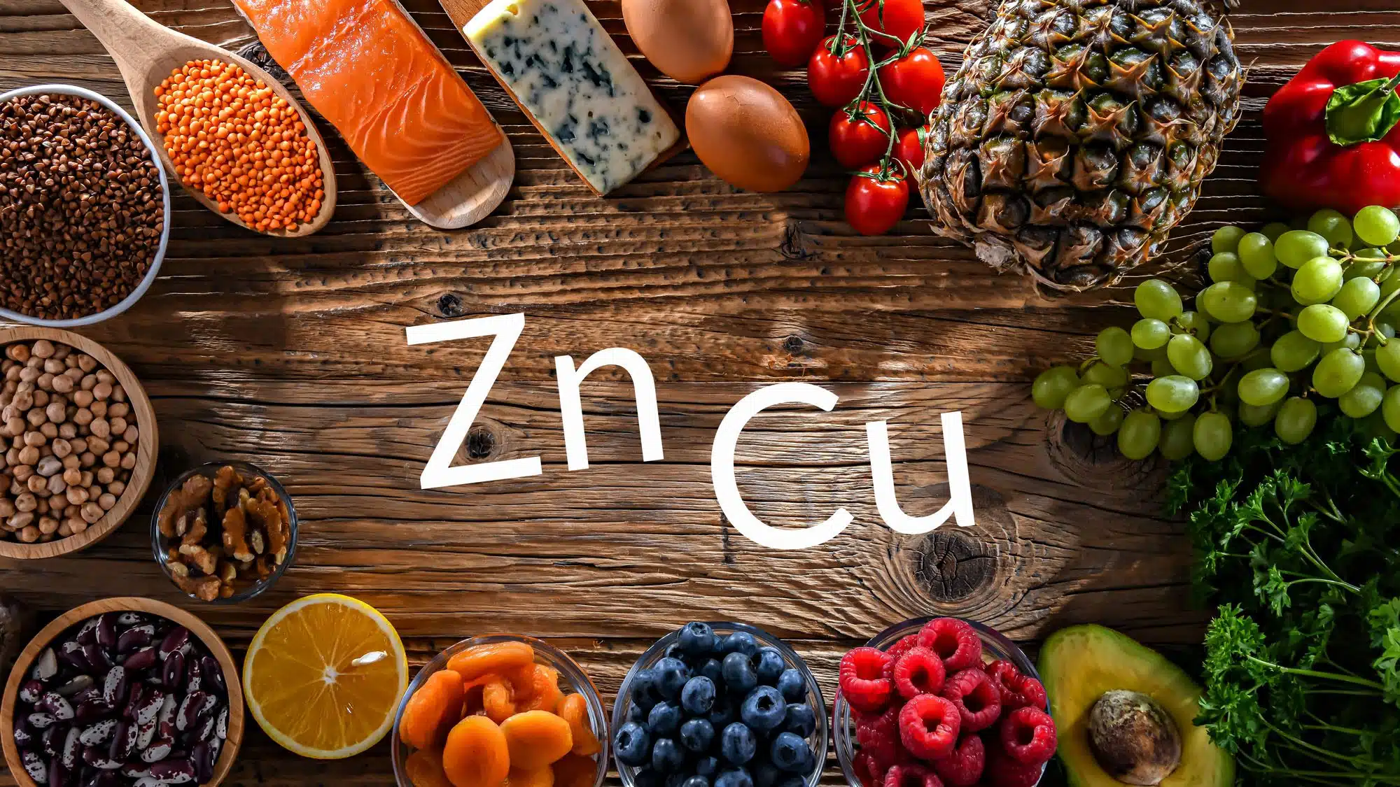 Nutrient-rich foods high in zinc and copper on wooden table