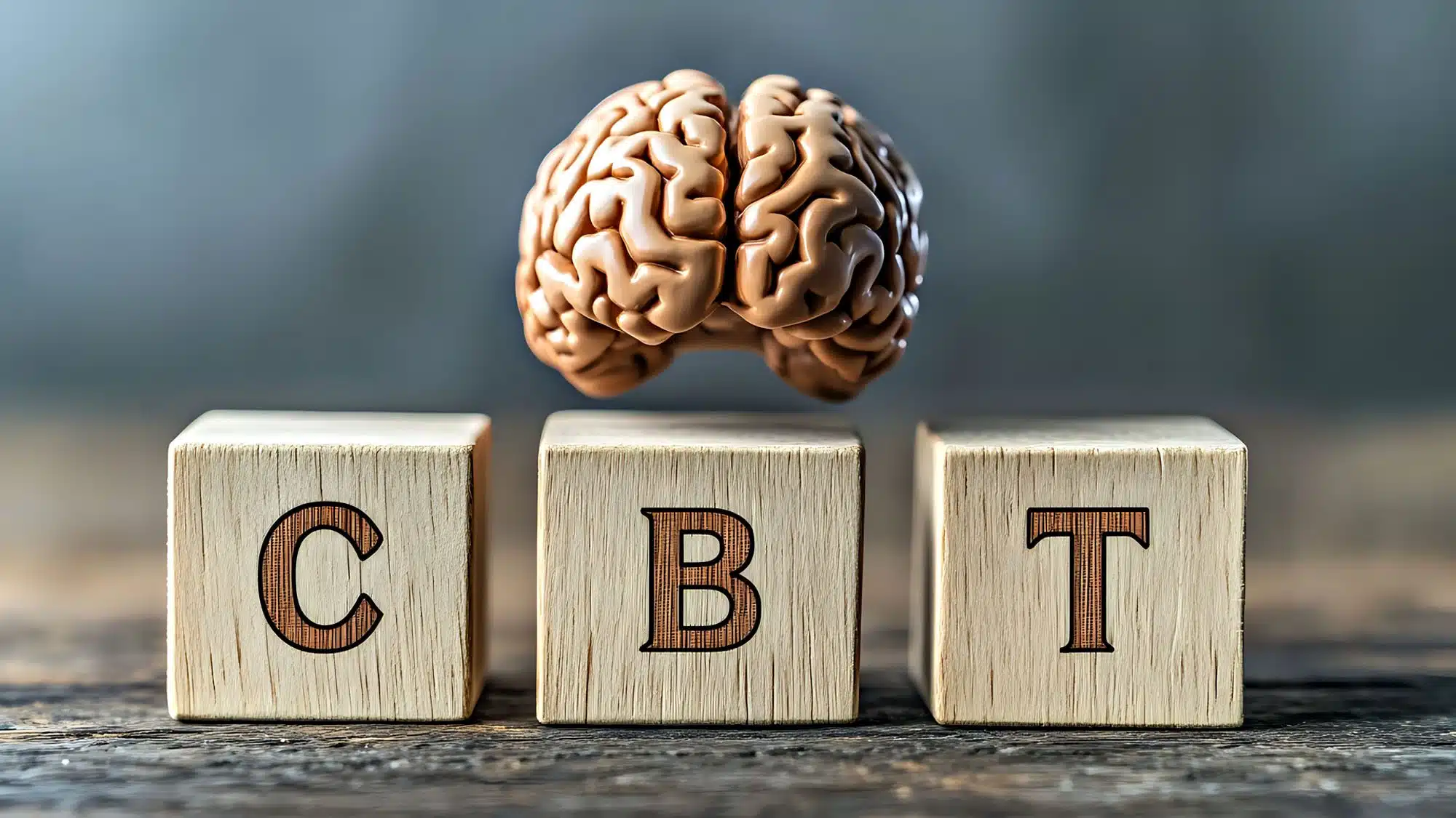 Concept of CBT with brain model on wooden blocks