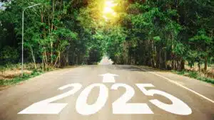 Road to future with 2025 marking in forest scenery