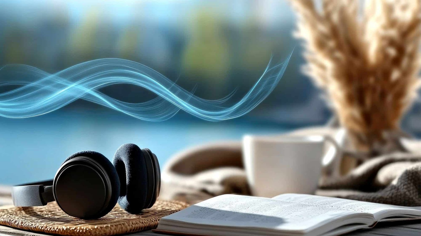 Relaxing setup with headphones, book, and coffee overlooking calming scenery