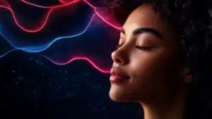 Woman with closed eyes amid glowing abstract waves