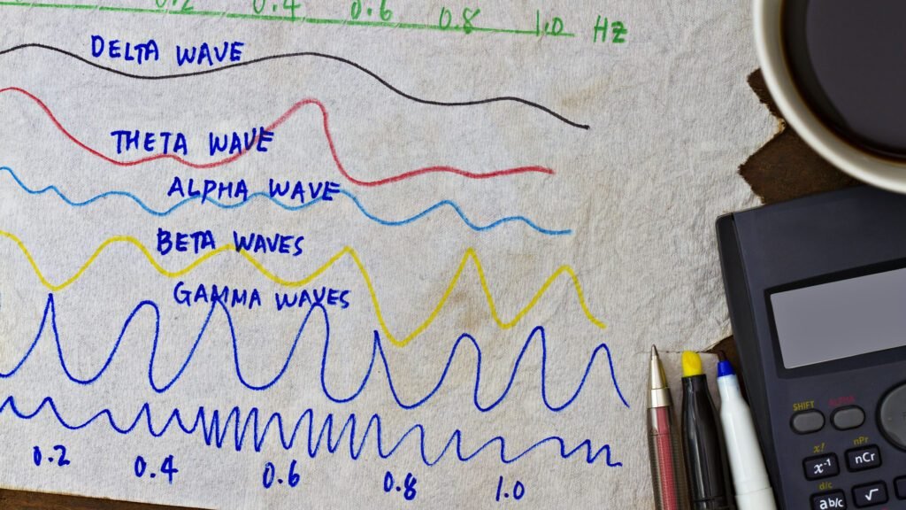 Illustration of brain waves on napkin with calculator and pens