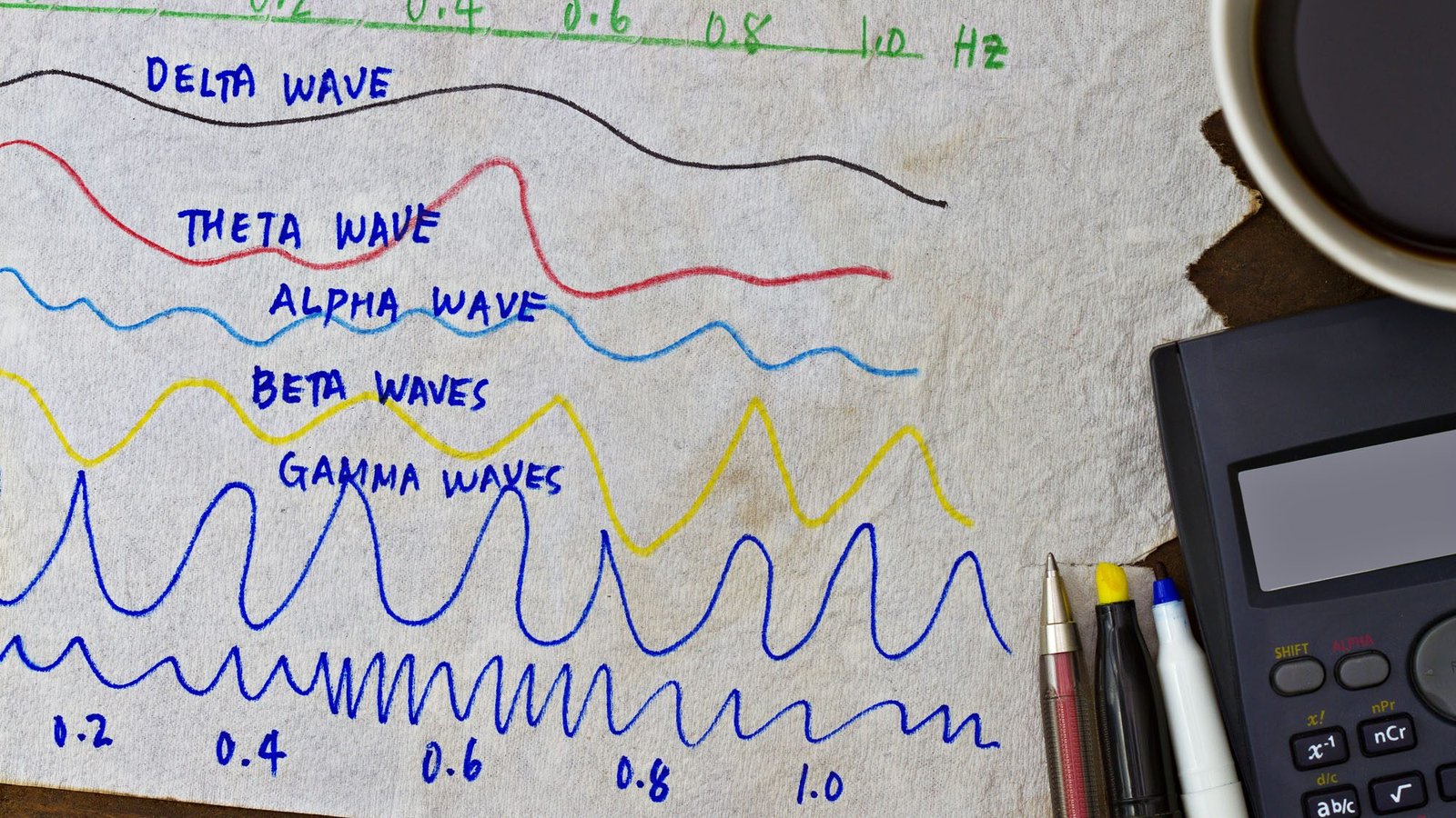 Illustration of brain waves on napkin with calculator and pens