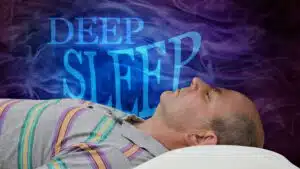 Man sleeping peacefully with deep sleep text and dreamy purple background