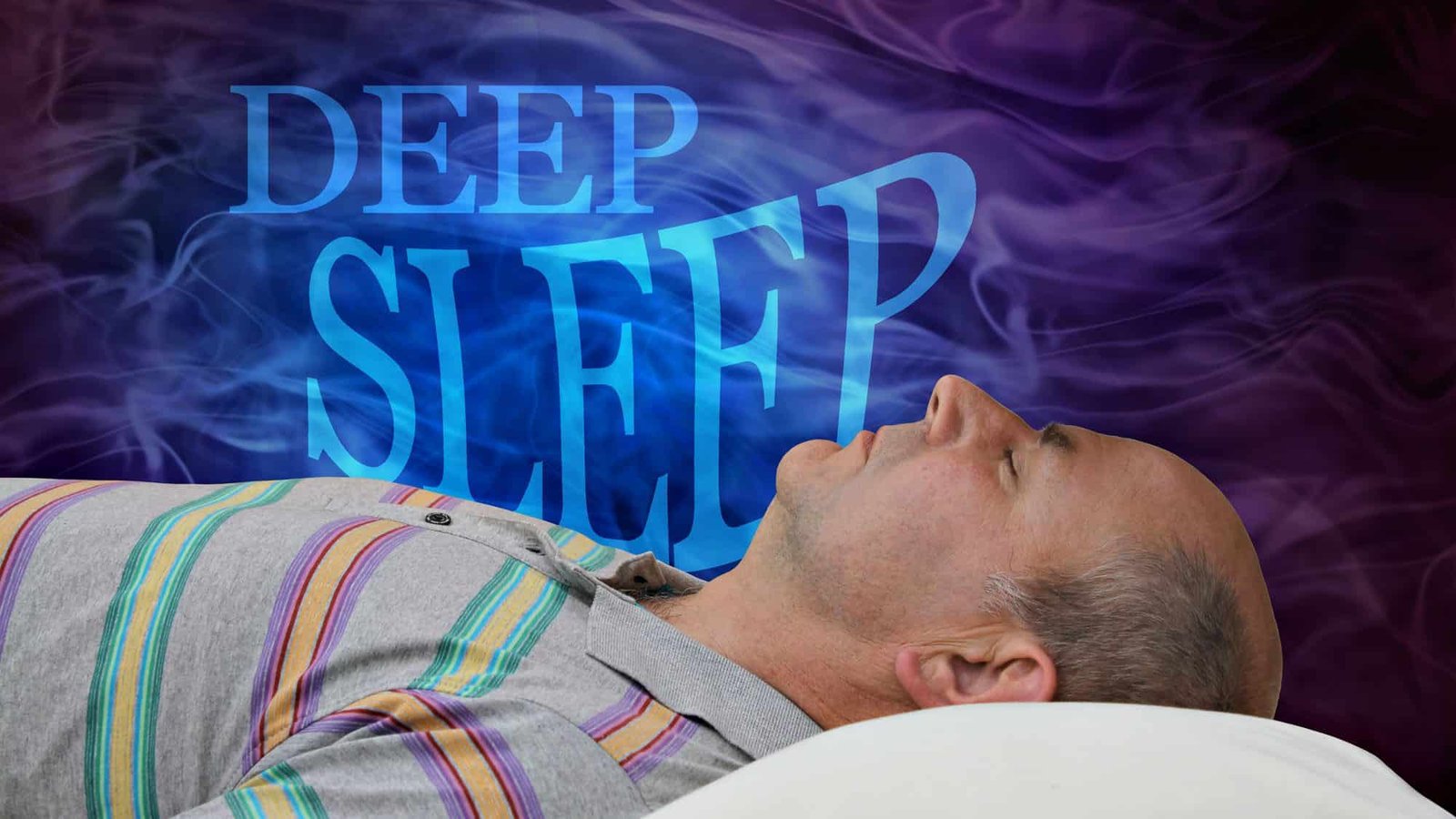 Man sleeping peacefully with deep sleep text and dreamy purple background