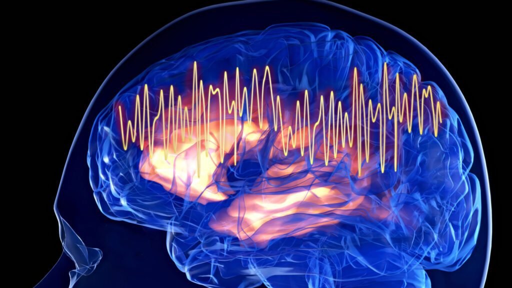 3D illustration of brain with highlighted regions and EEG waves