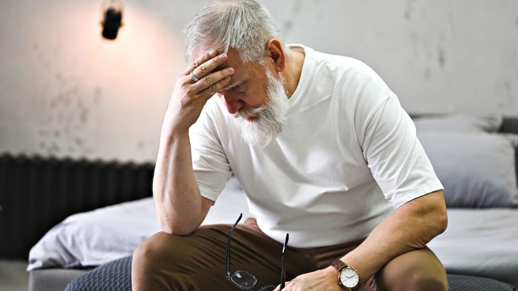 Elderly man seated and appearing deep in thought