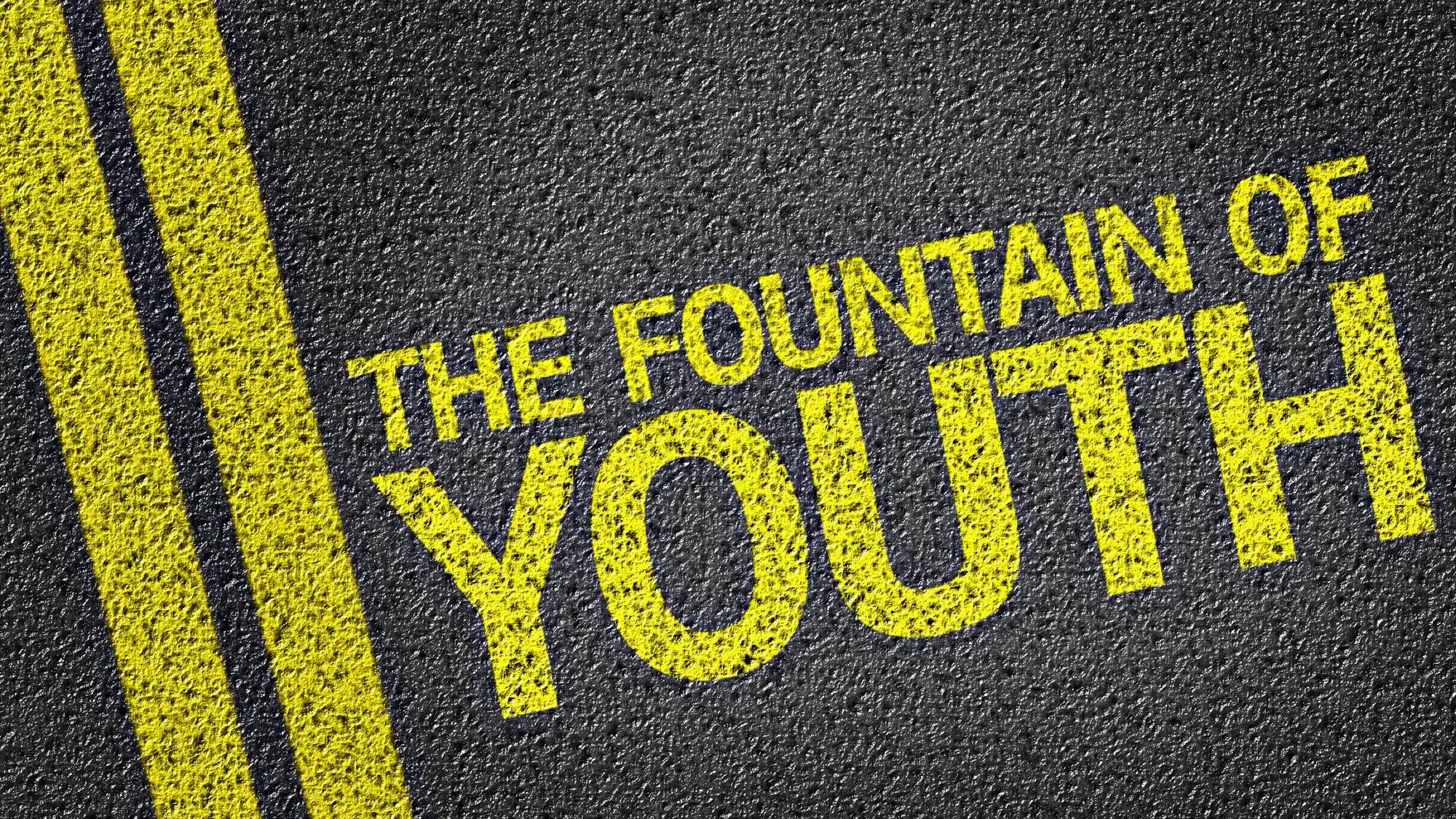 Text 'The Fountain of Youth' on asphalt background