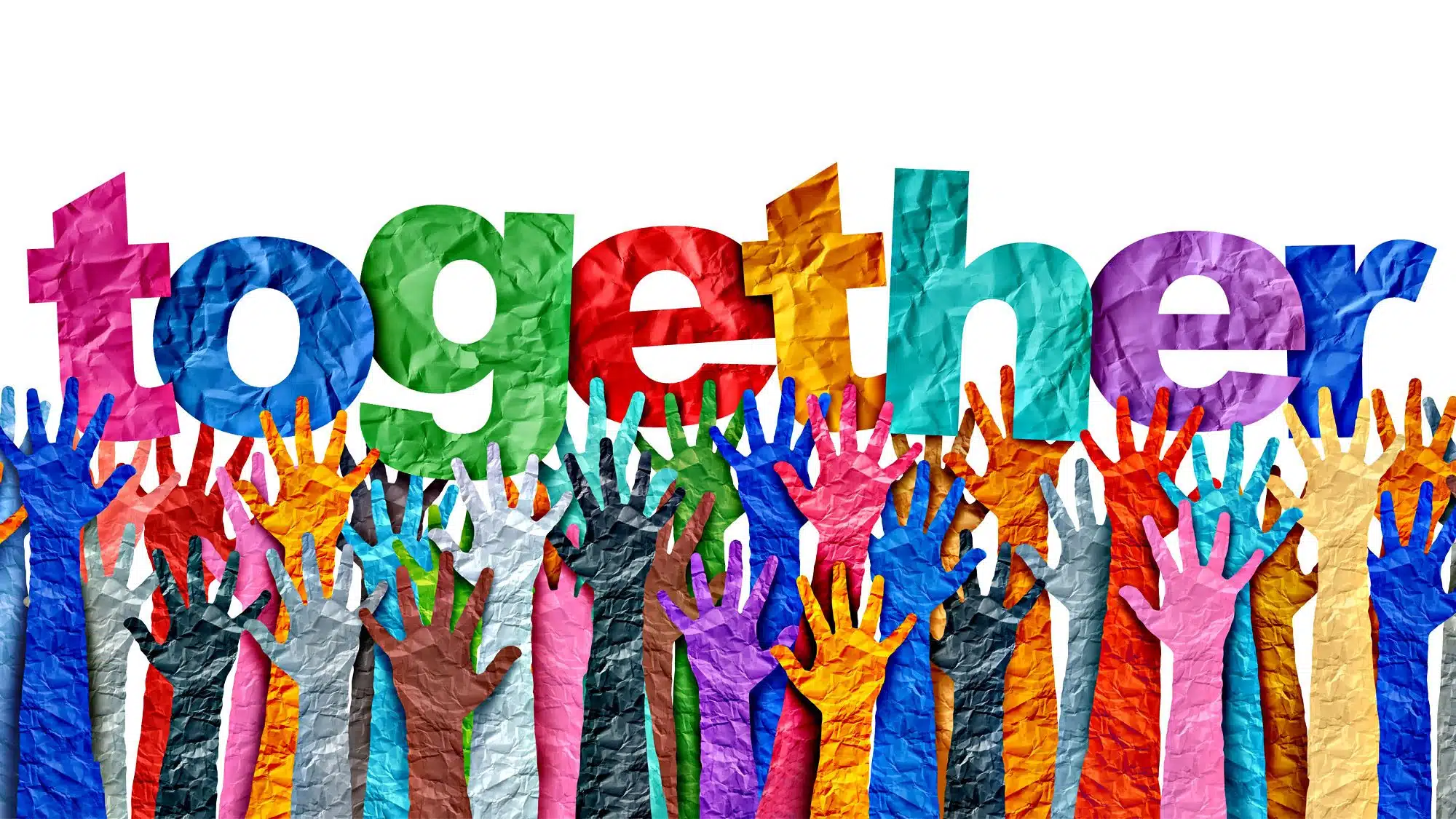 Diverse group of hands raised beneath colourful 'together' sign