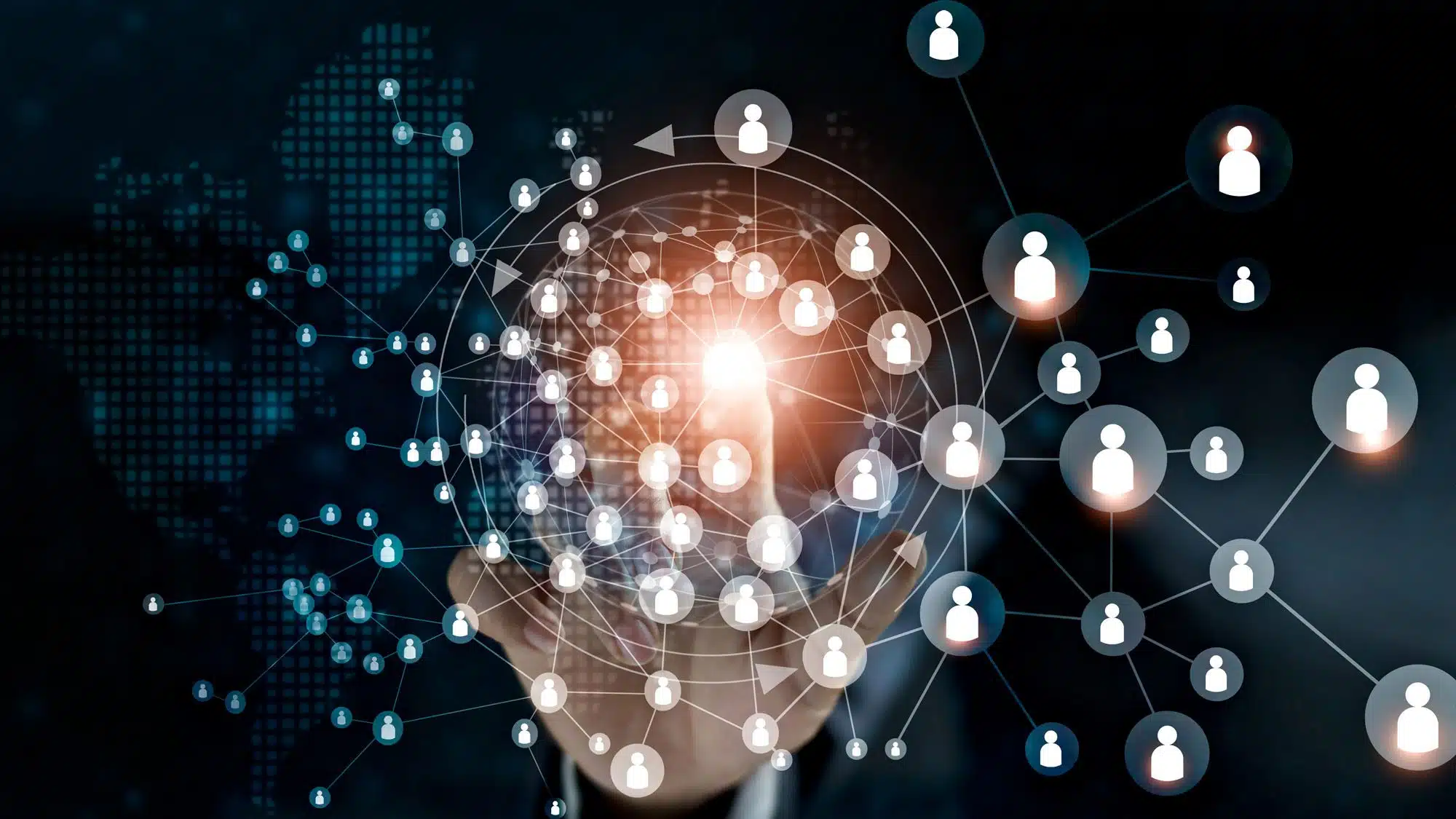 Digital network with glowing connections and human icons