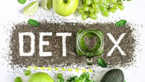 Detox concept with chia seeds, green fruits, and vegetables
