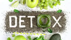 Detox concept with chia seeds, green fruits, and vegetables
