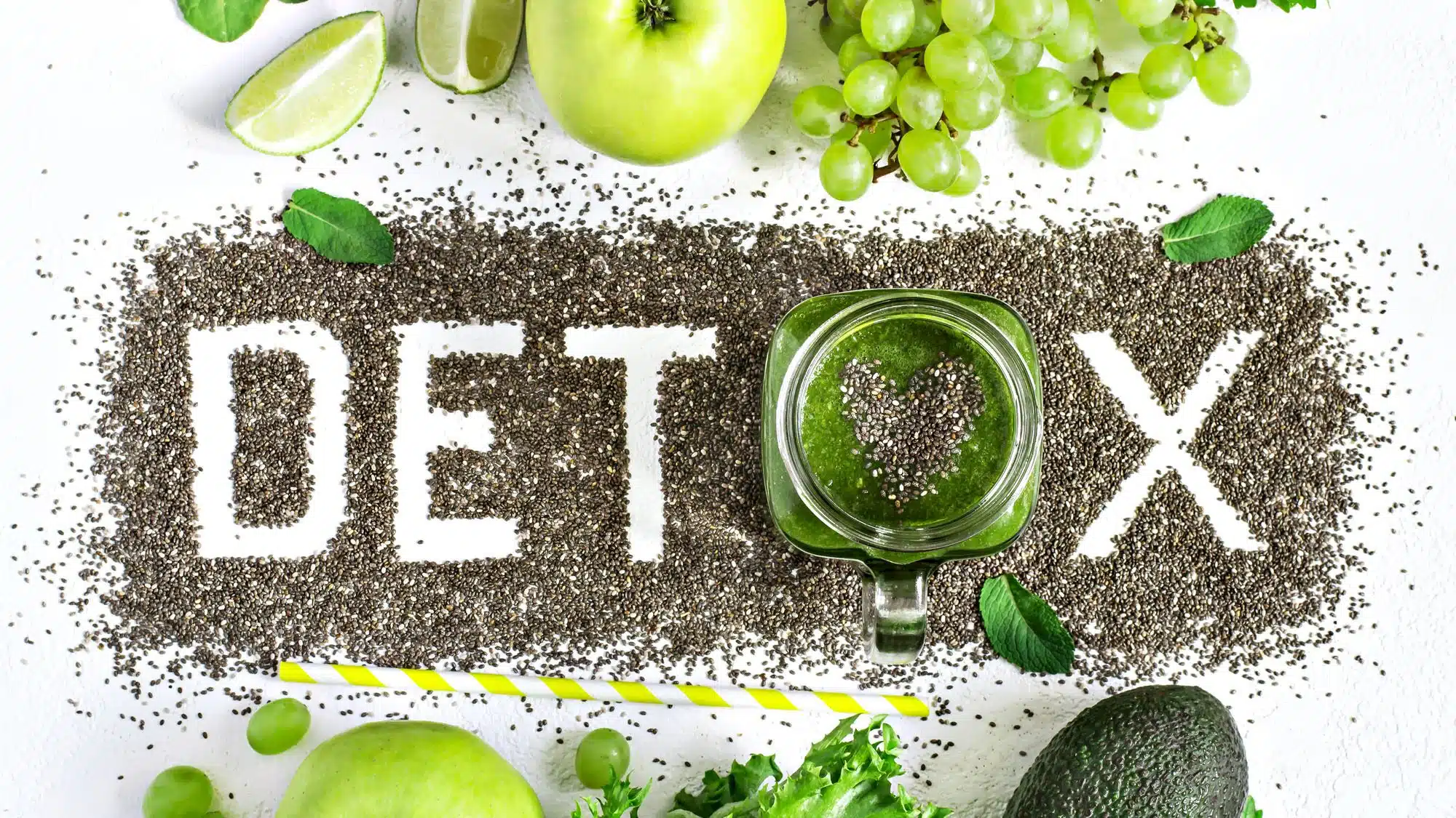 Detox concept with chia seeds, green fruits, and vegetables