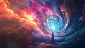 Person standing before vibrant cosmic vortex in a colourful nebula