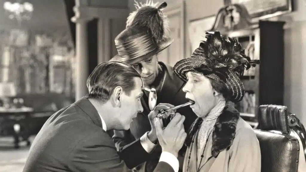 Vintage dental examination in 1930s setting