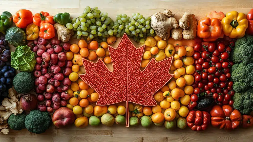 Colourful Canadian maple leaf made of fresh fruits and vegetables