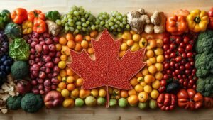 Colourful Canadian maple leaf made of fresh fruits and vegetables