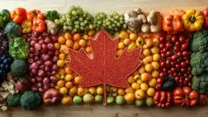 Colourful Canadian maple leaf made of fresh fruits and vegetables