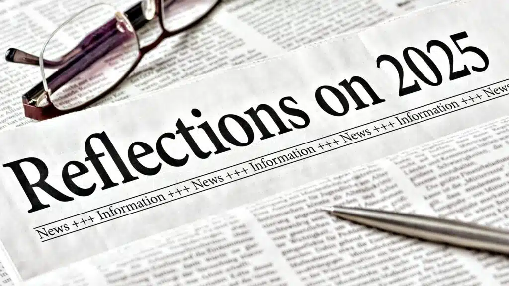 Newspaper headlined 'Reflections on 2025' with glasses and pen on newsprint