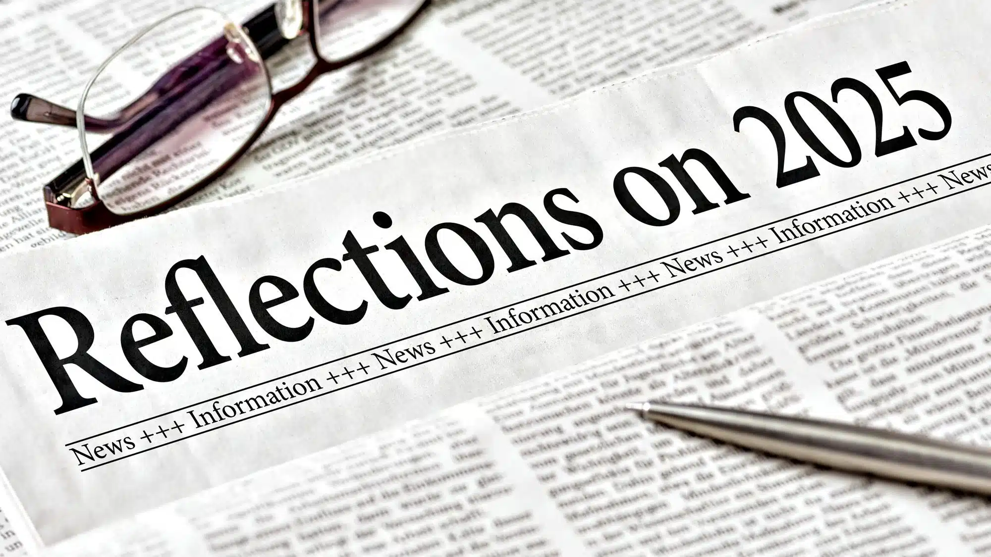 Newspaper headlined 'Reflections on 2025' with glasses and pen on newsprint
