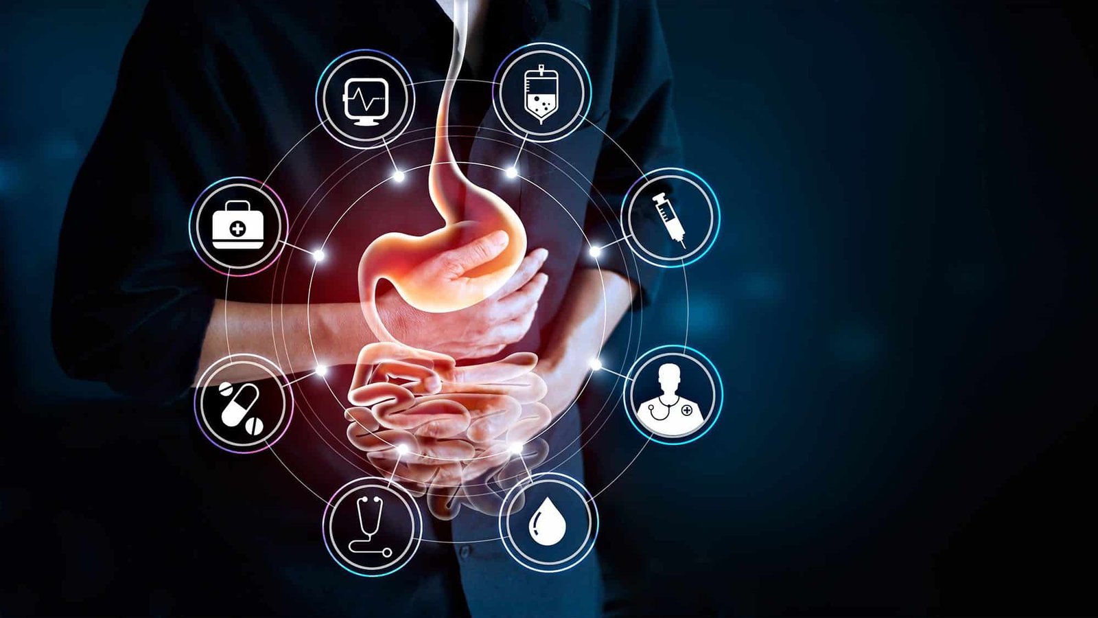 Gastrointestinal health concept with medical icons and human stomach
