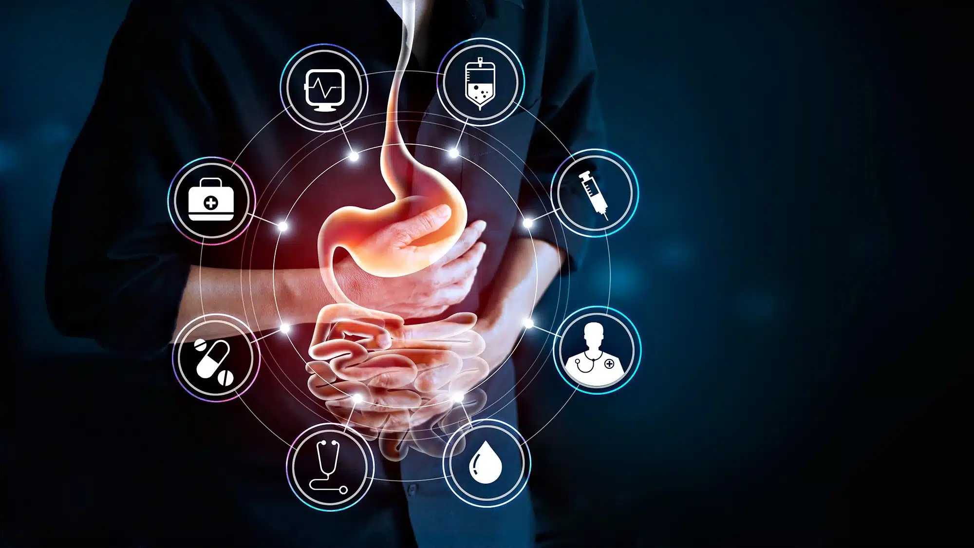 Gastrointestinal health concept with medical icons and human stomach