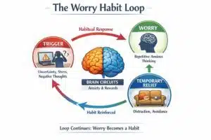 Diagram illustrating the worry habit loop with brain circuits and stress triggers