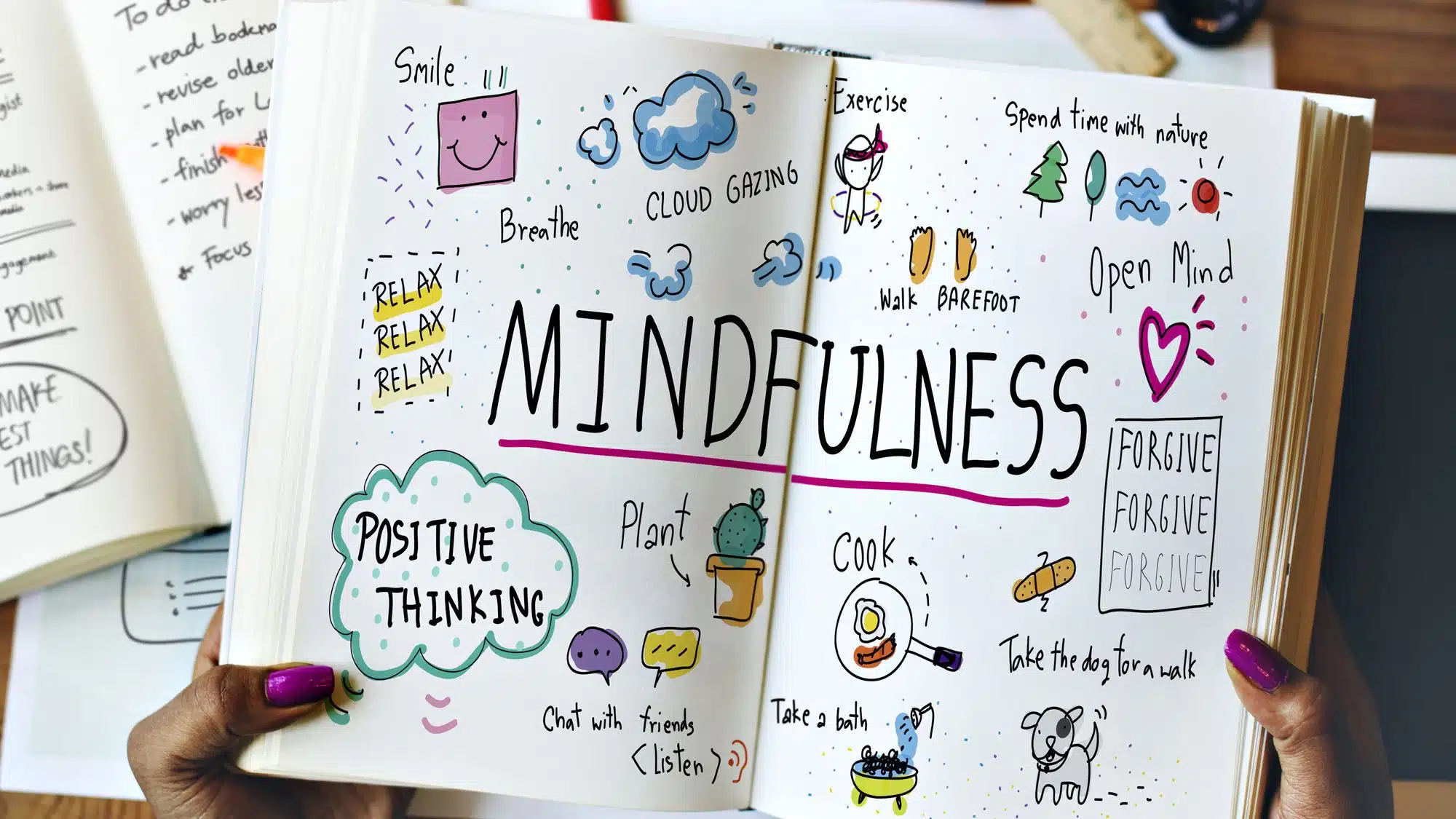 Mindfulness diagram with positive thinking and relaxation tips