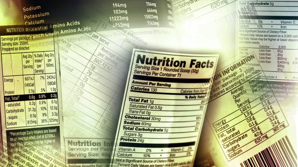 Multiple nutrition facts labels showcasing various food values and ingredients