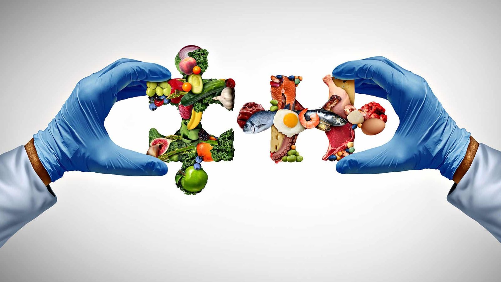 Hands in gloves holding puzzle pieces made of healthy food