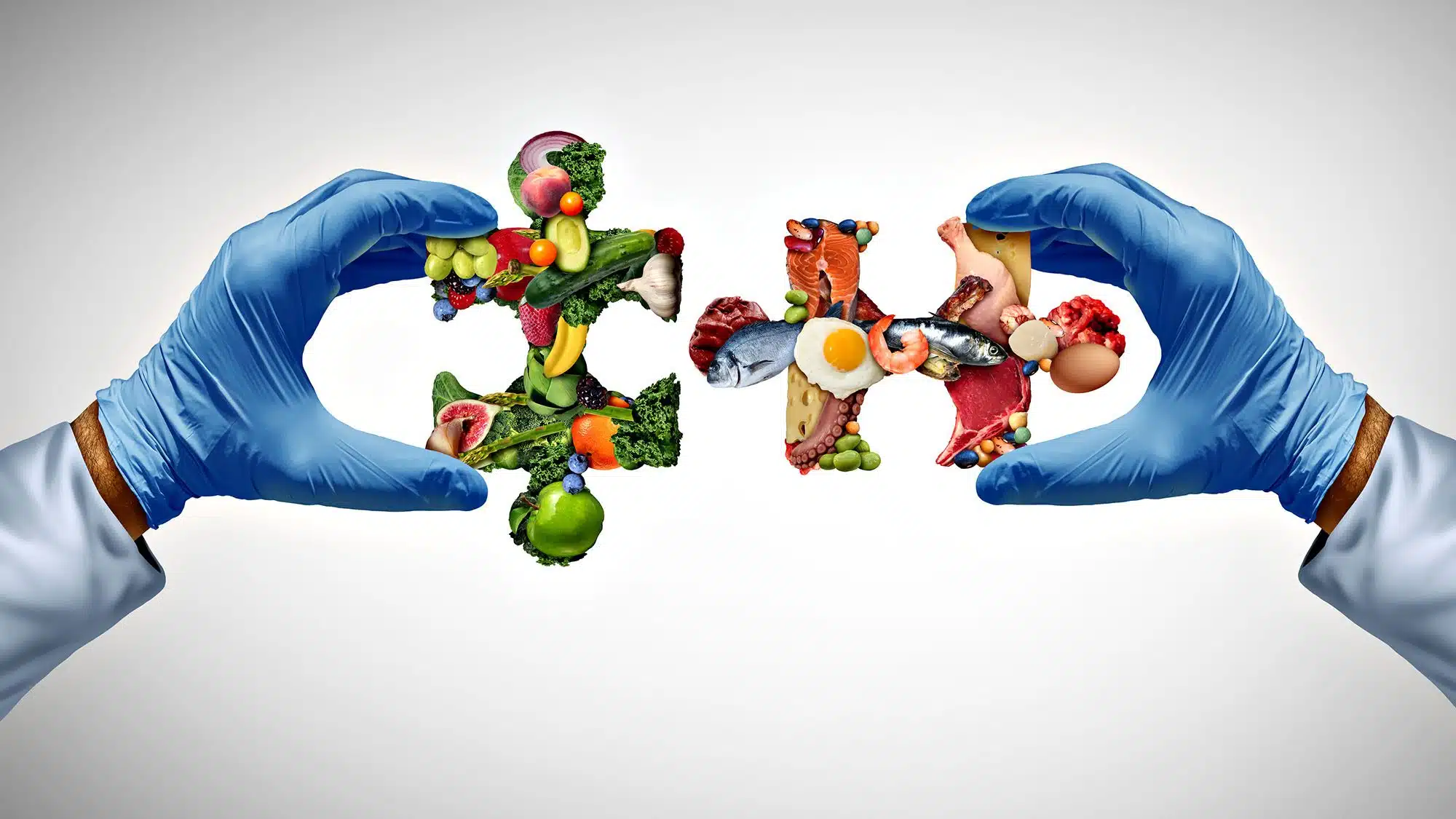 Hands in gloves holding puzzle pieces made of healthy food