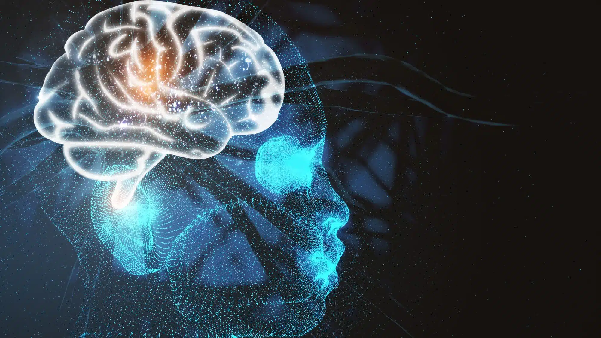 Digital human silhouette with a glowing brain, symbolizing technology and neural networks