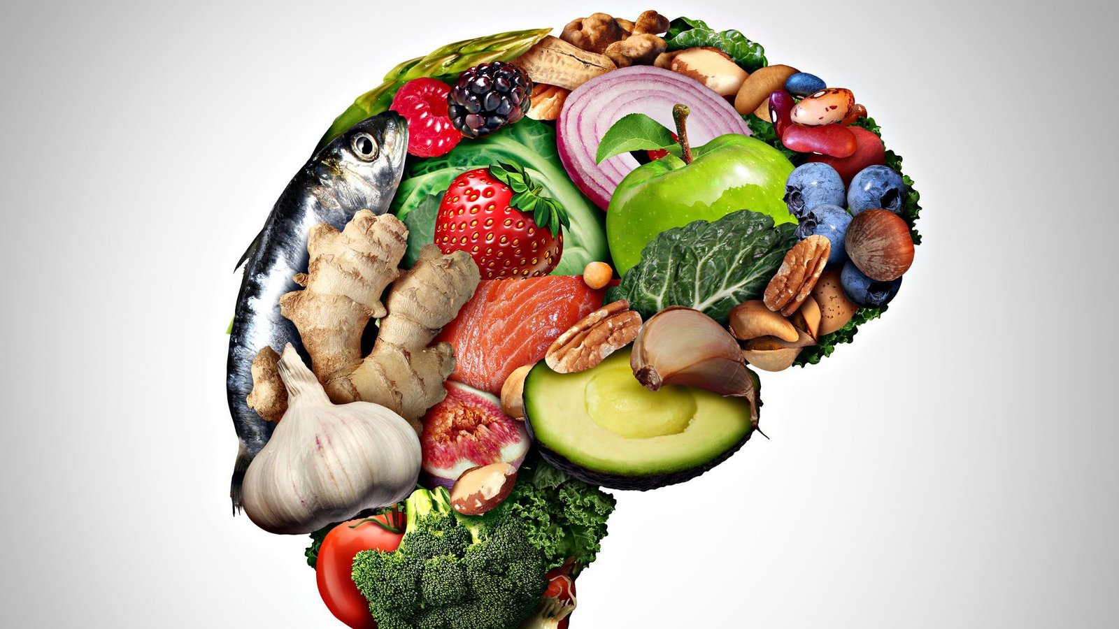 Healthy brain foods including fish, fruits, vegetables, and nuts