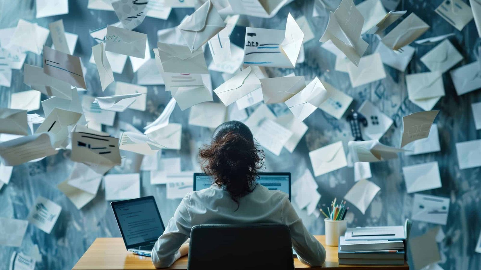 Person at desk overwhelmed by flying envelopes with financial documents