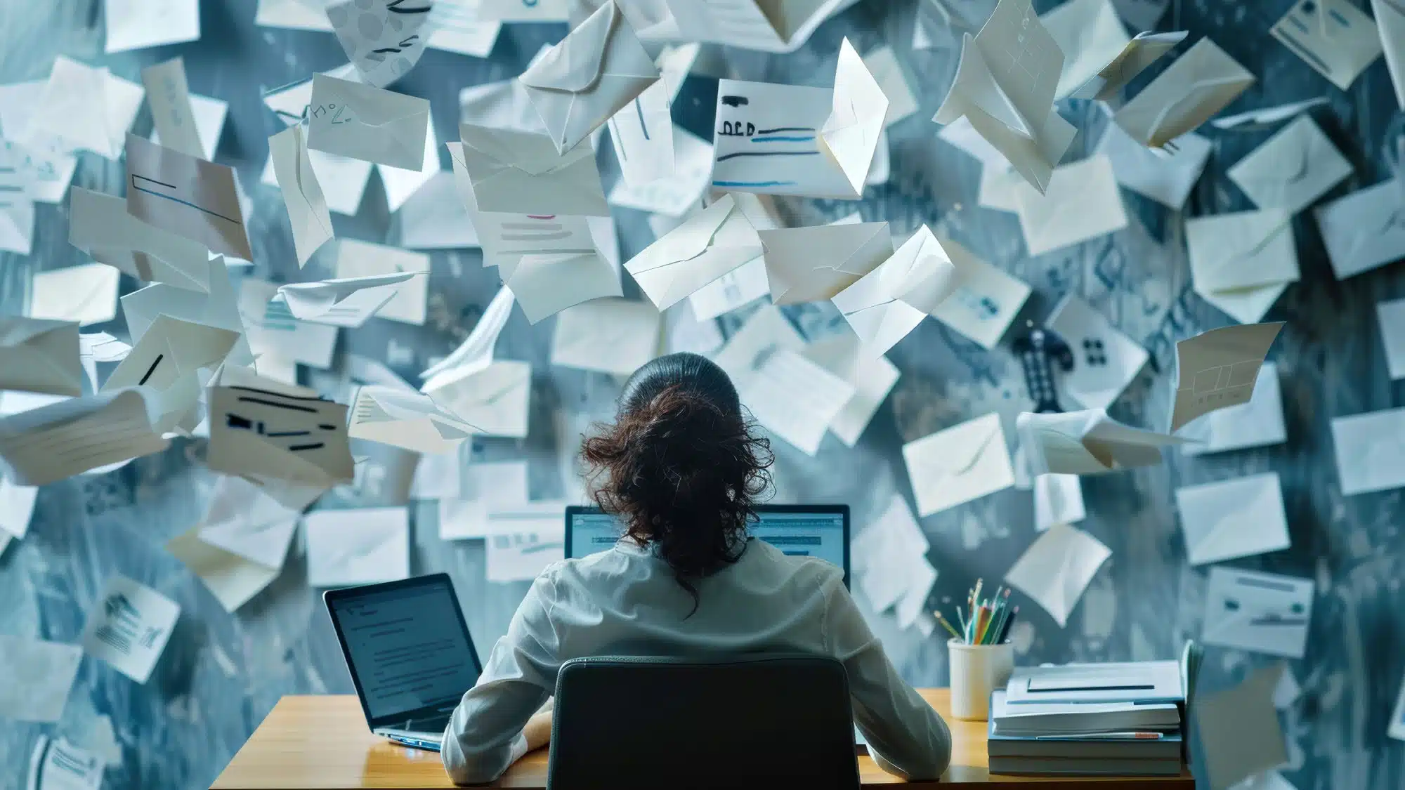 Person at desk overwhelmed by flying envelopes with financial documents