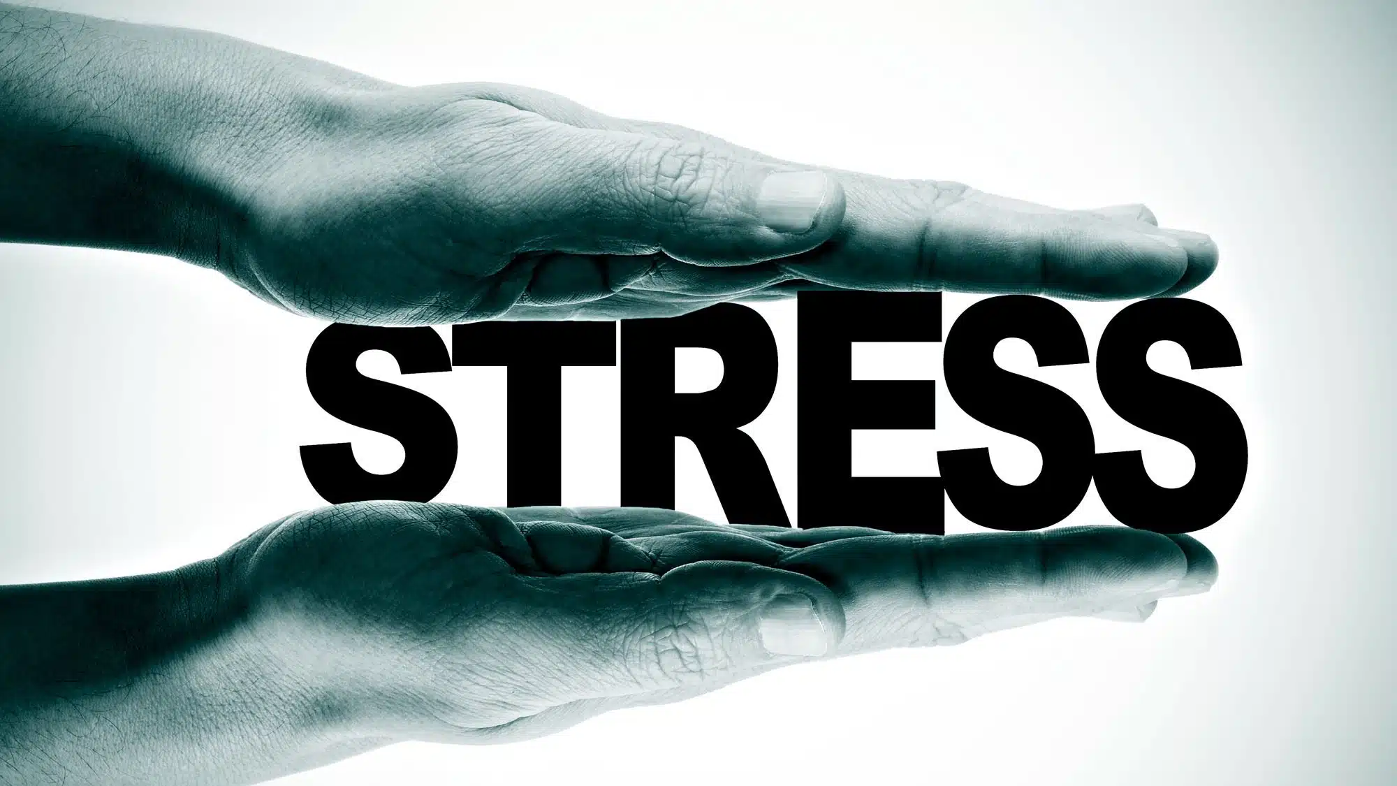Hands pressing the word 'stress' representing stress management
