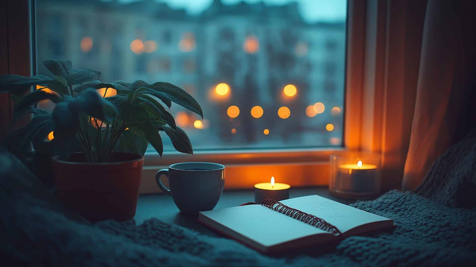 Cozy evening with candles, plant, coffee, and notebook by a window