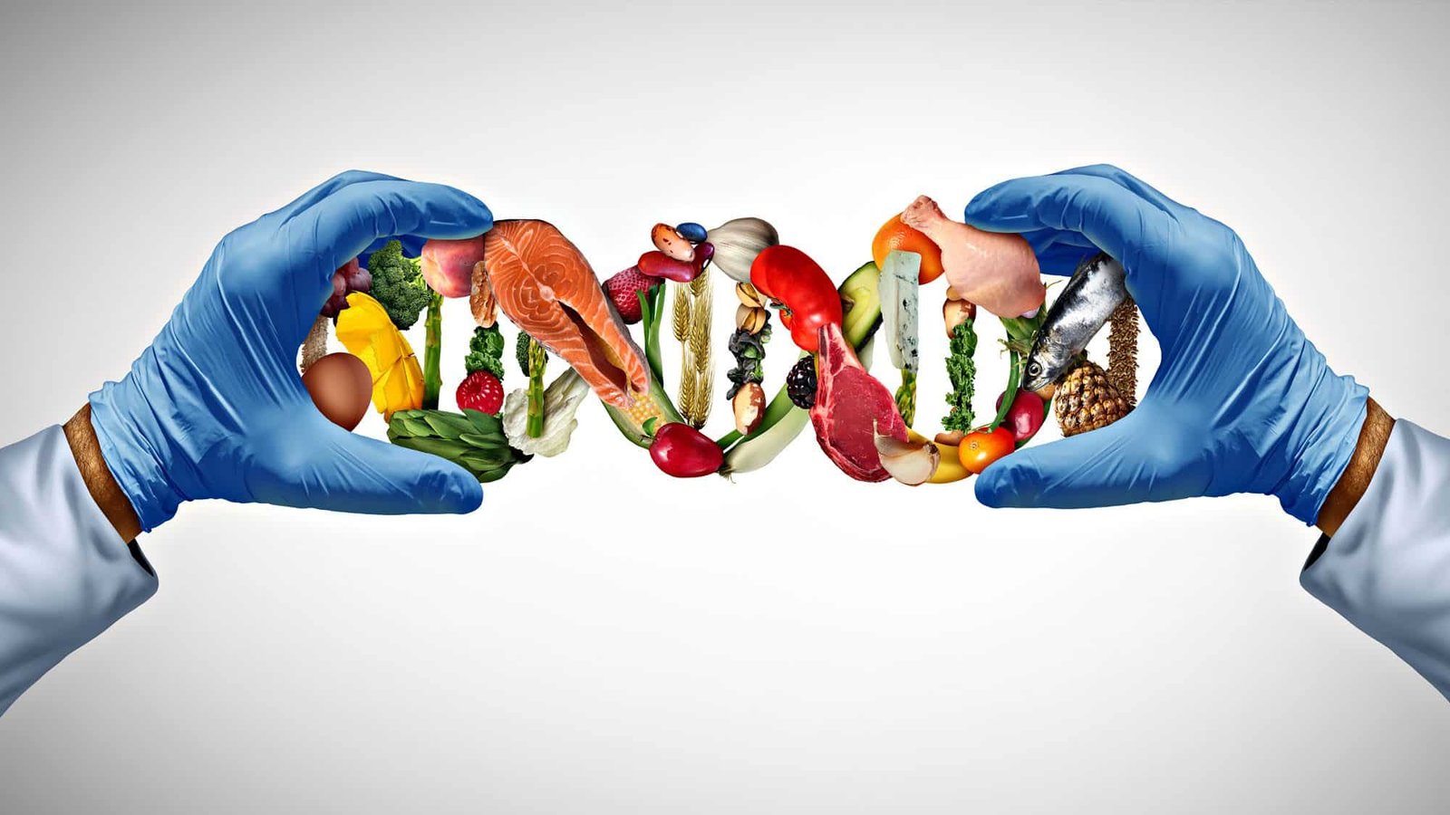 Genetic research represented by a DNA strand made of healthy foods