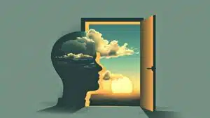 Conceptual art of human profile with clouds and open door to sunrise