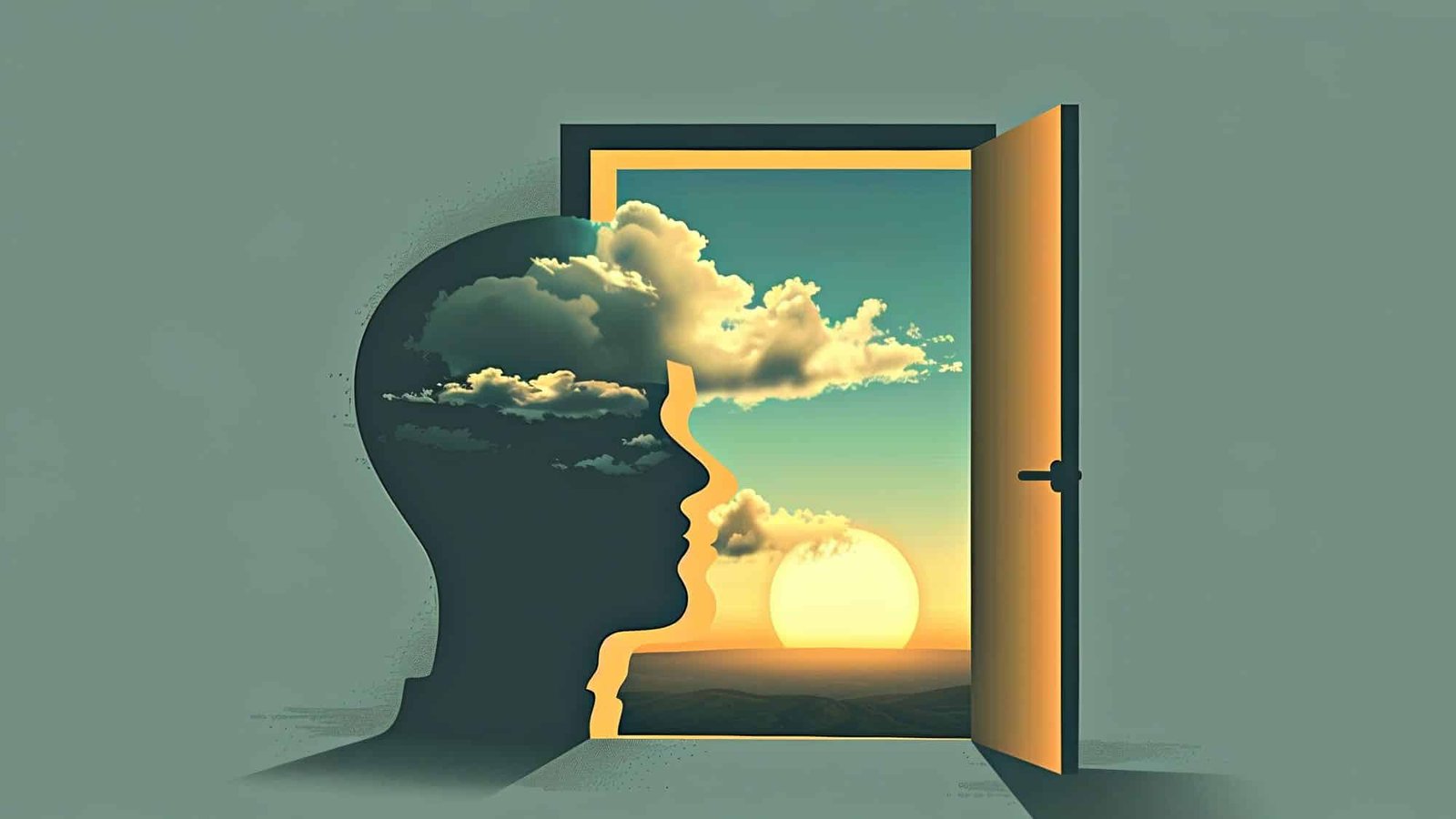 Conceptual art of human profile with clouds and open door to sunrise